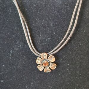 Copper Orange Flower Pendant 16" Leather Necklace